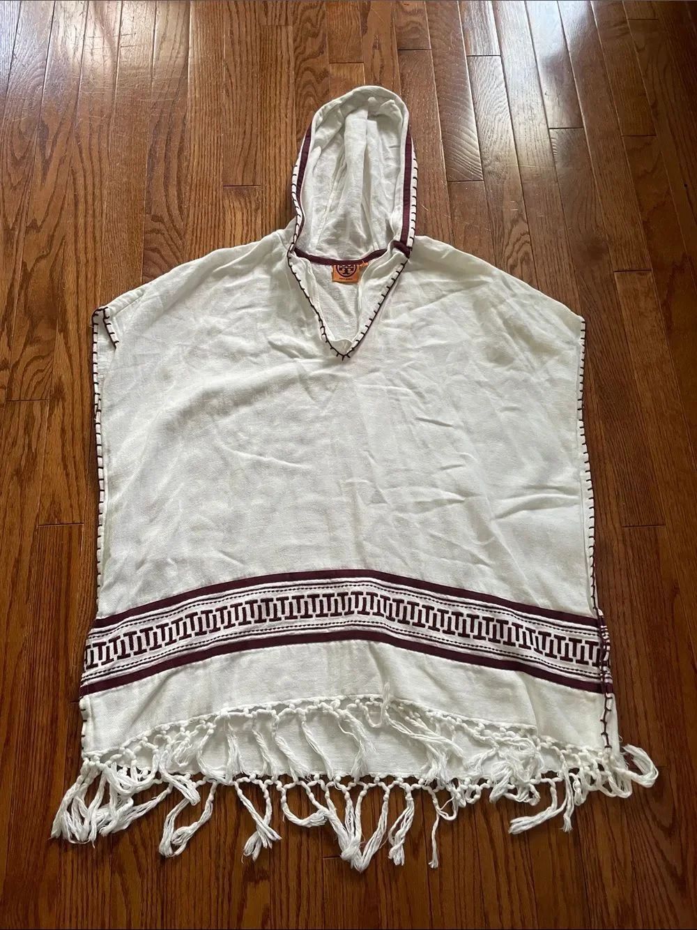 Tory Burch Woven Cotton Beach Poncho Cover-Up In New Ivory and Burgundy Sz XS/S